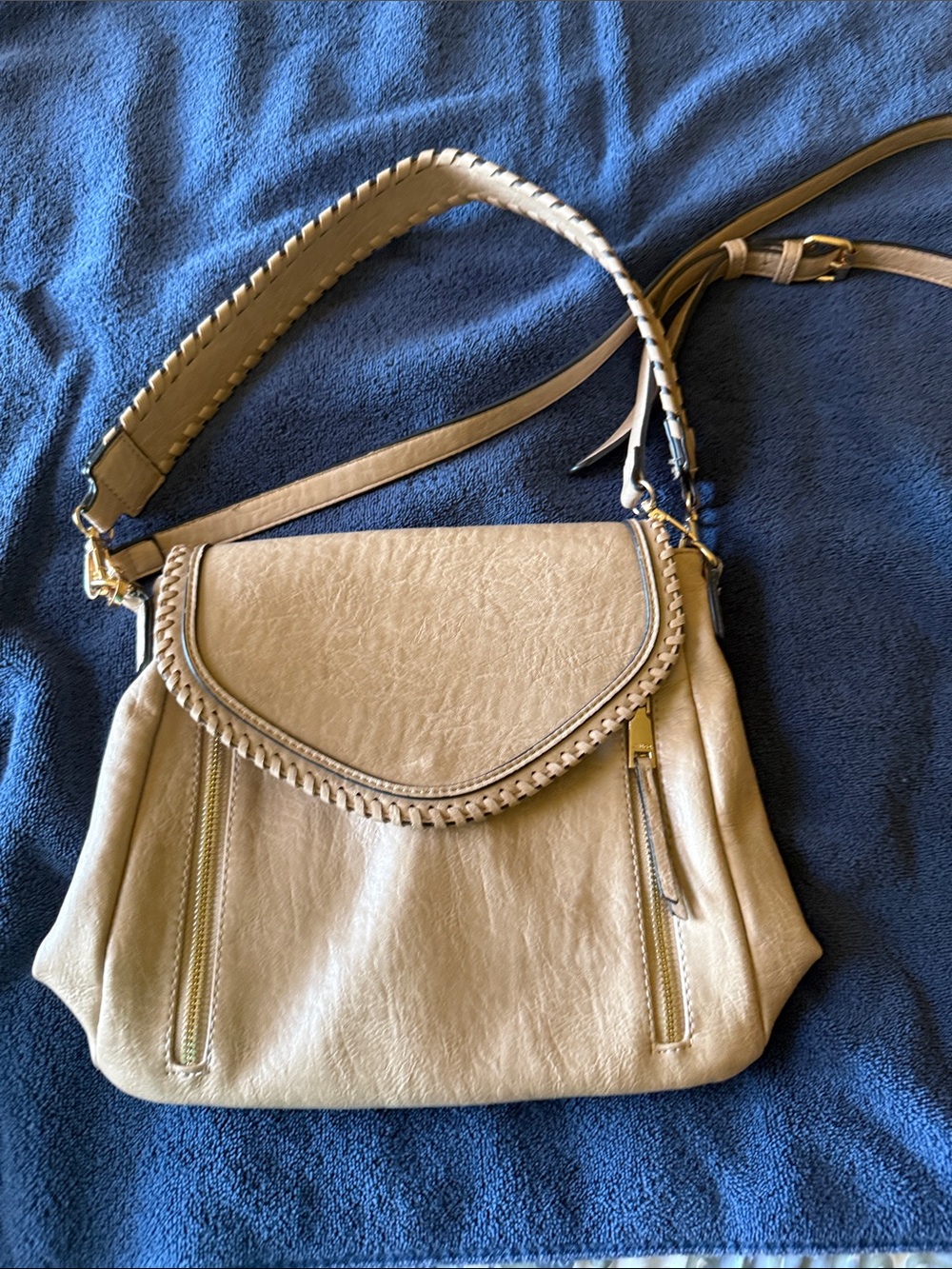 Everyday Neutral Tan Crossbody Bag with Woven Trim